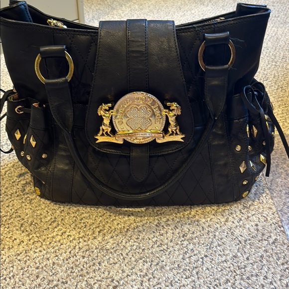 Charm and Luck Black Quilted Gold Studded Leather Shoulder Bag - Picture 1 of 6